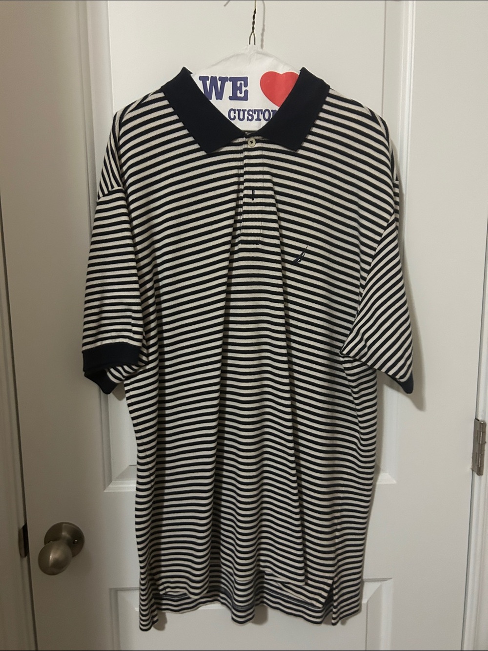 Nautica Navy and White Striped Short-Sleeve Polo